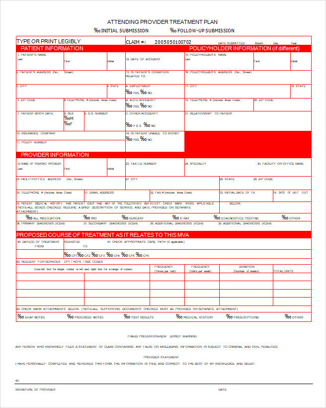 Attending Provider Treatment Plan Form