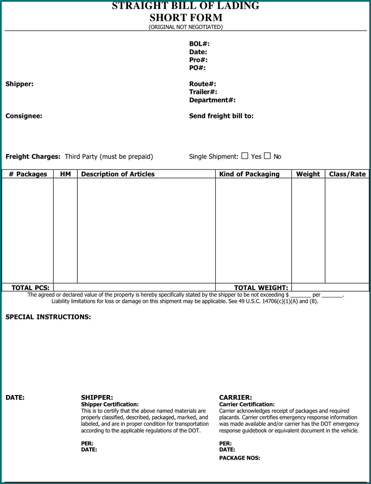 Blank Bill Of Lading Form Example