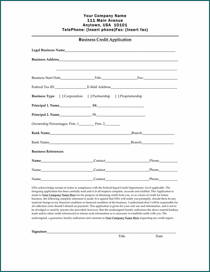 Business Credit Application Form Sample