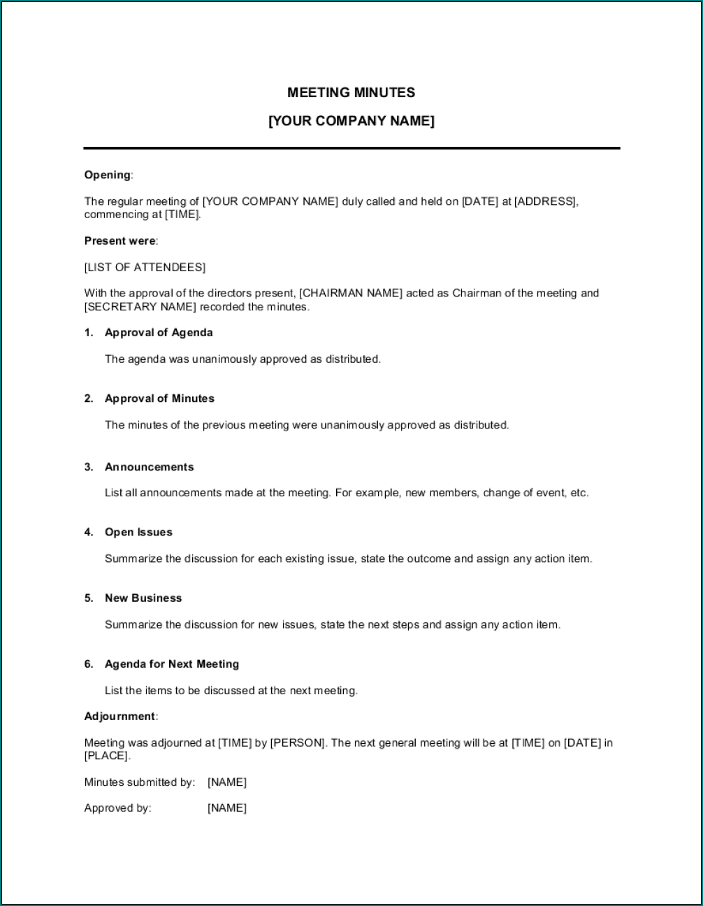 Business Meeting Minutes Template Sample