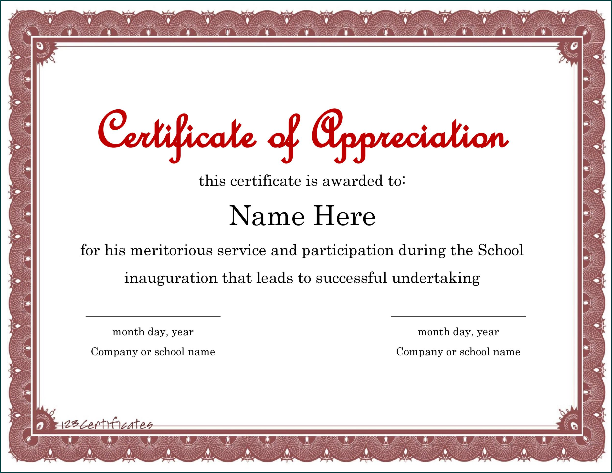 Certificate Of Appreciation Template Sample