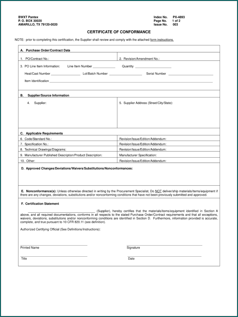 Certificate Of Compliance Template Sample