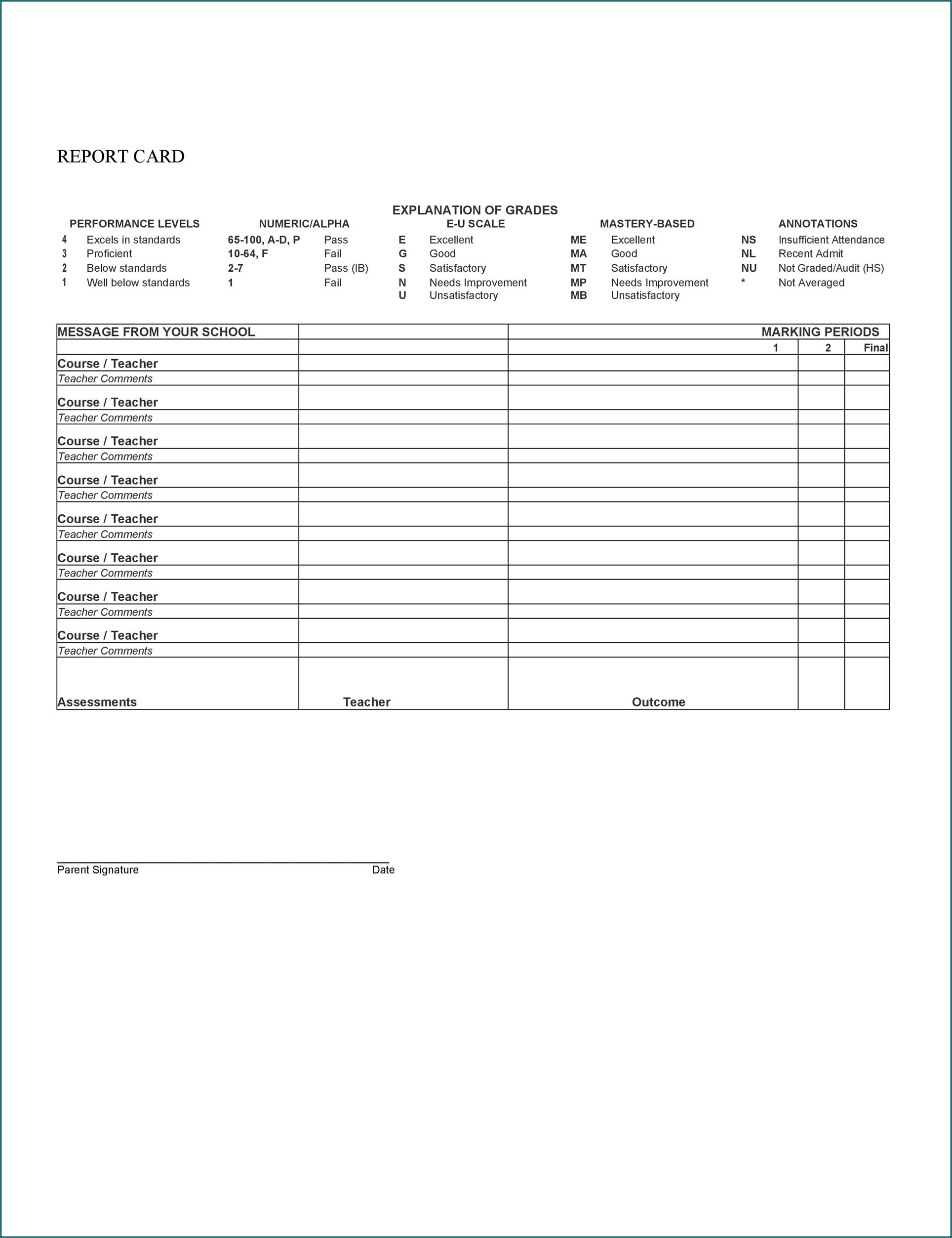 College Report Card Template Example