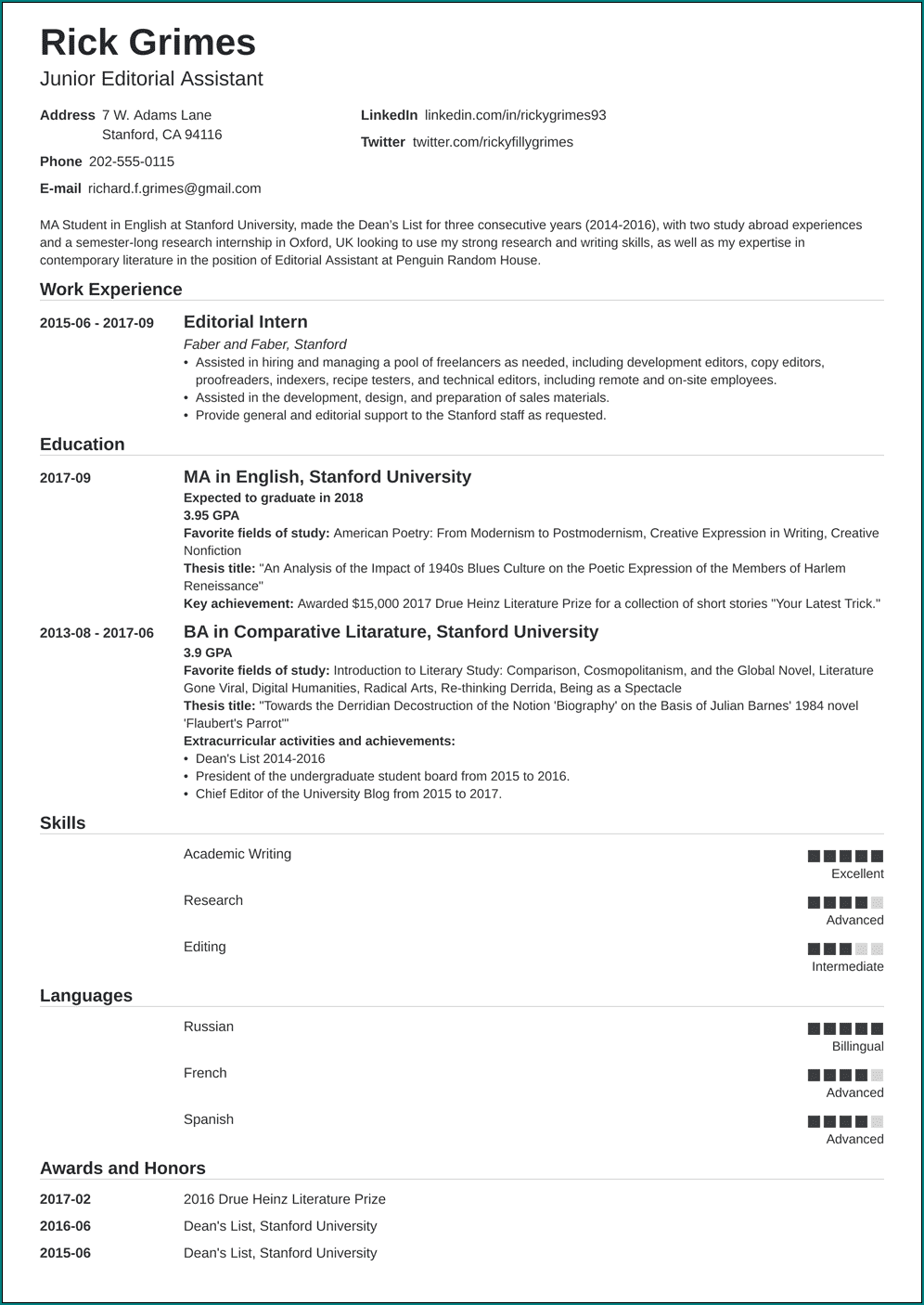 College Resume Template Example