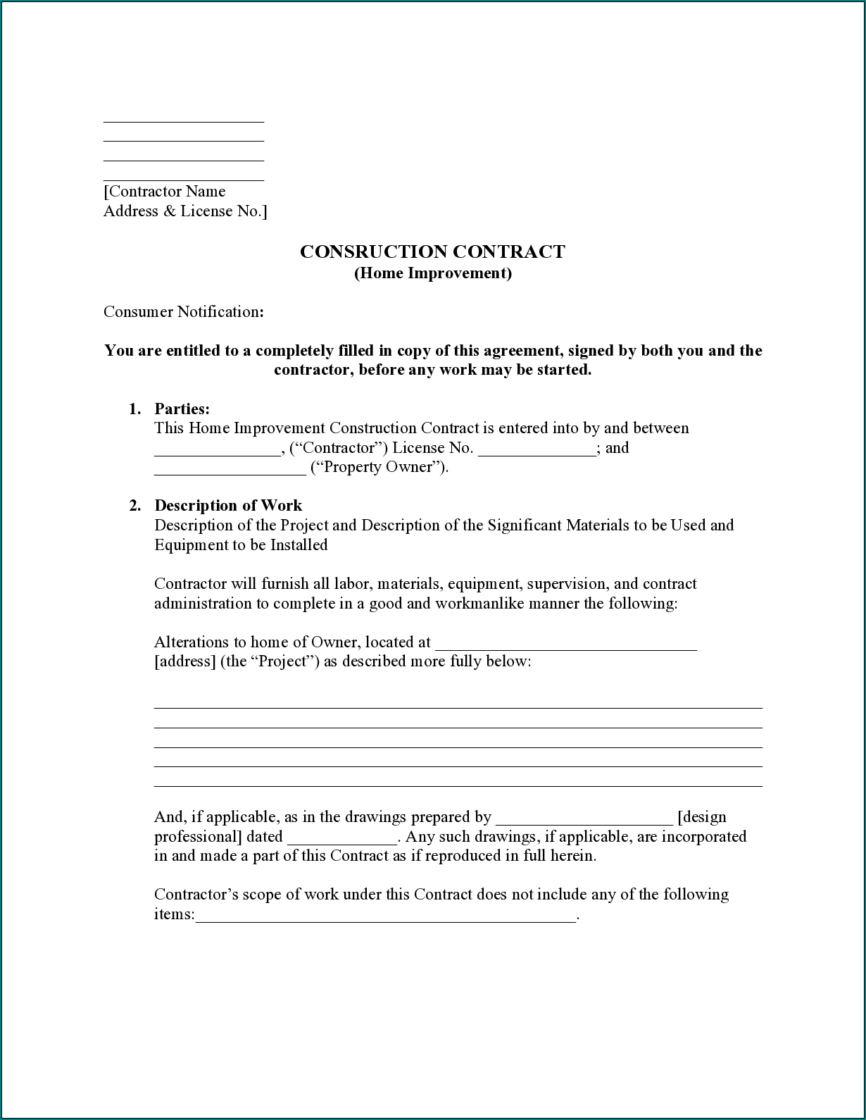  Free Printable Construction Contract Template