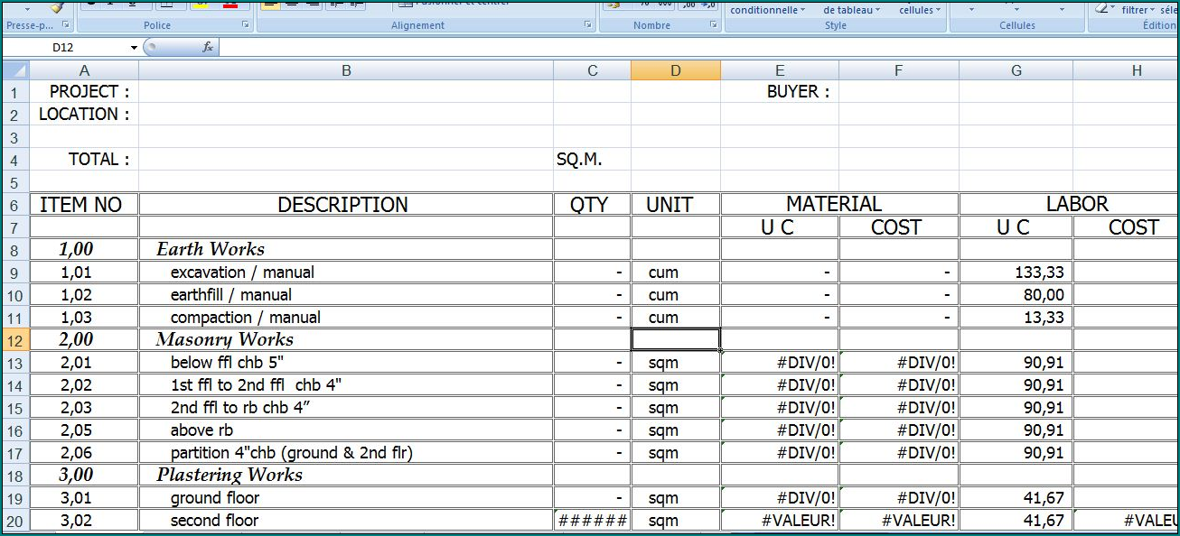 Construction Cost Estimate Template Excel Example