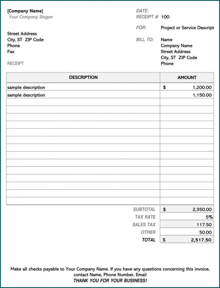 》Free Printable Contractor Receipt Template