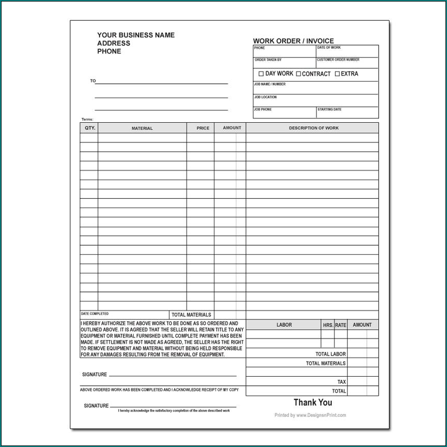 Custom Work Order Form Example