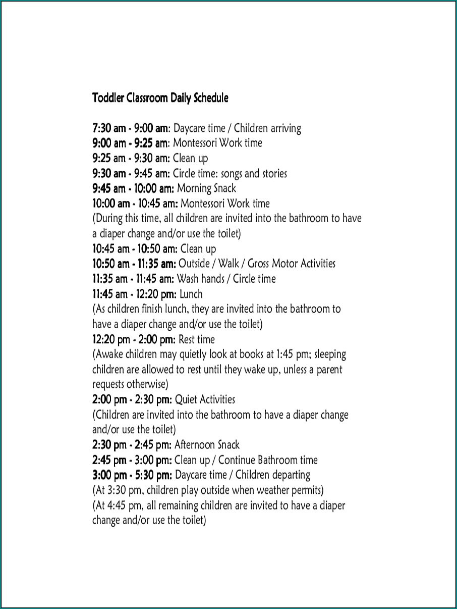 Daycare Schedule Template Example