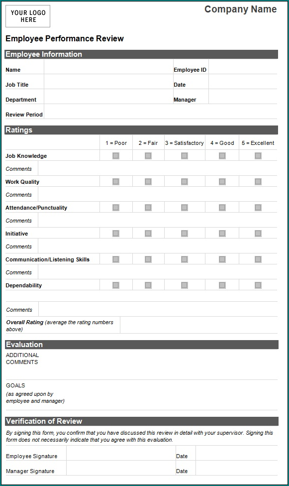 Employee Performance Evaluation Form Sample