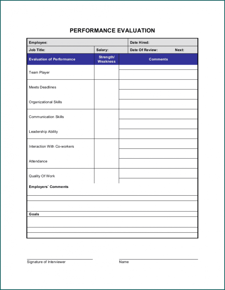 Employee Performance Evaluation Template Example Bogiolo