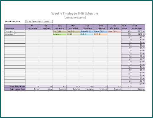 Employee Schedule Template Excel Example