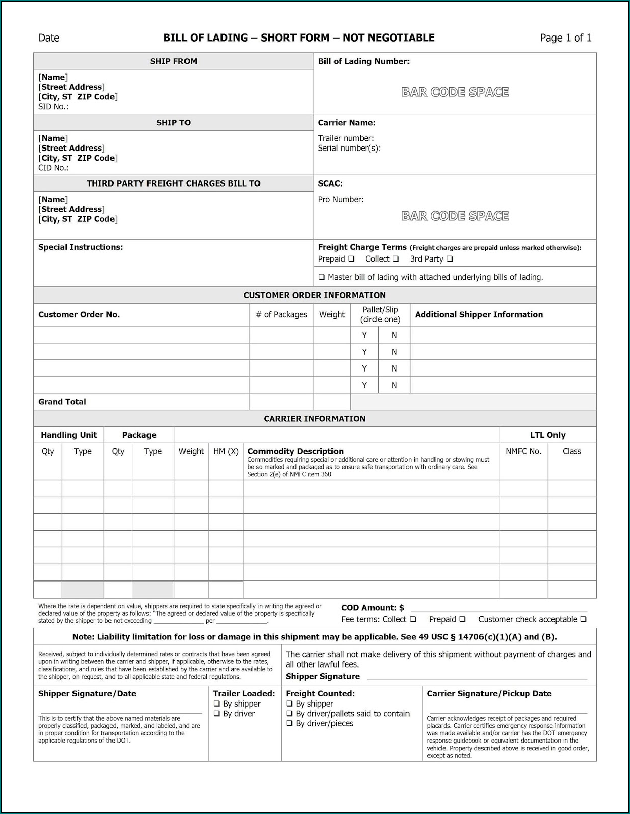 Example of Bill Of Lading Template Word