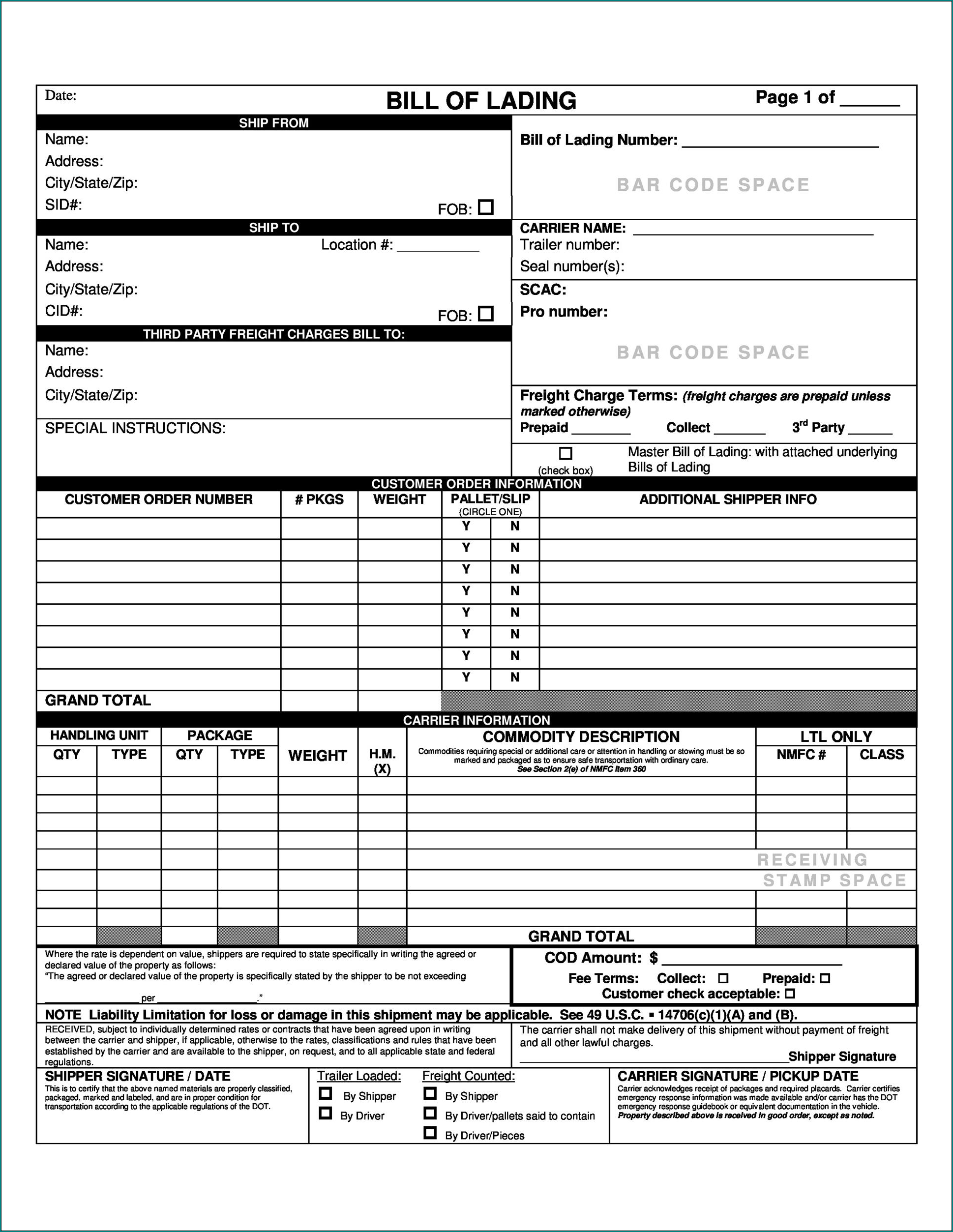 Example of Blank Bill Of Lading Form