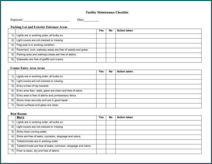 Example of Building Maintenance Checklist Template