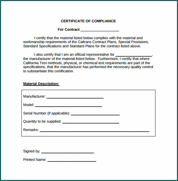 Example of Certificate Of Compliance Template