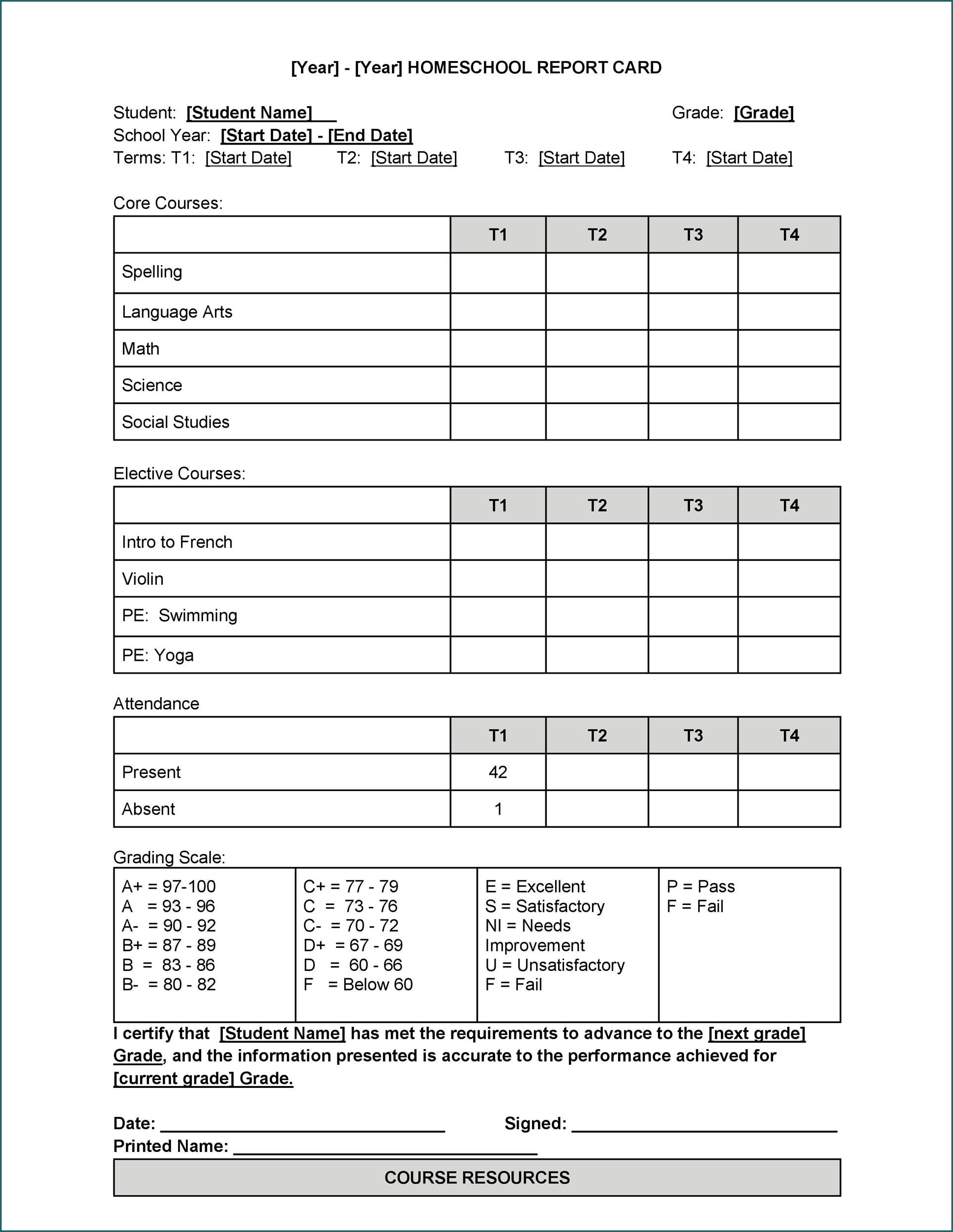 Example of College Report Card Template
