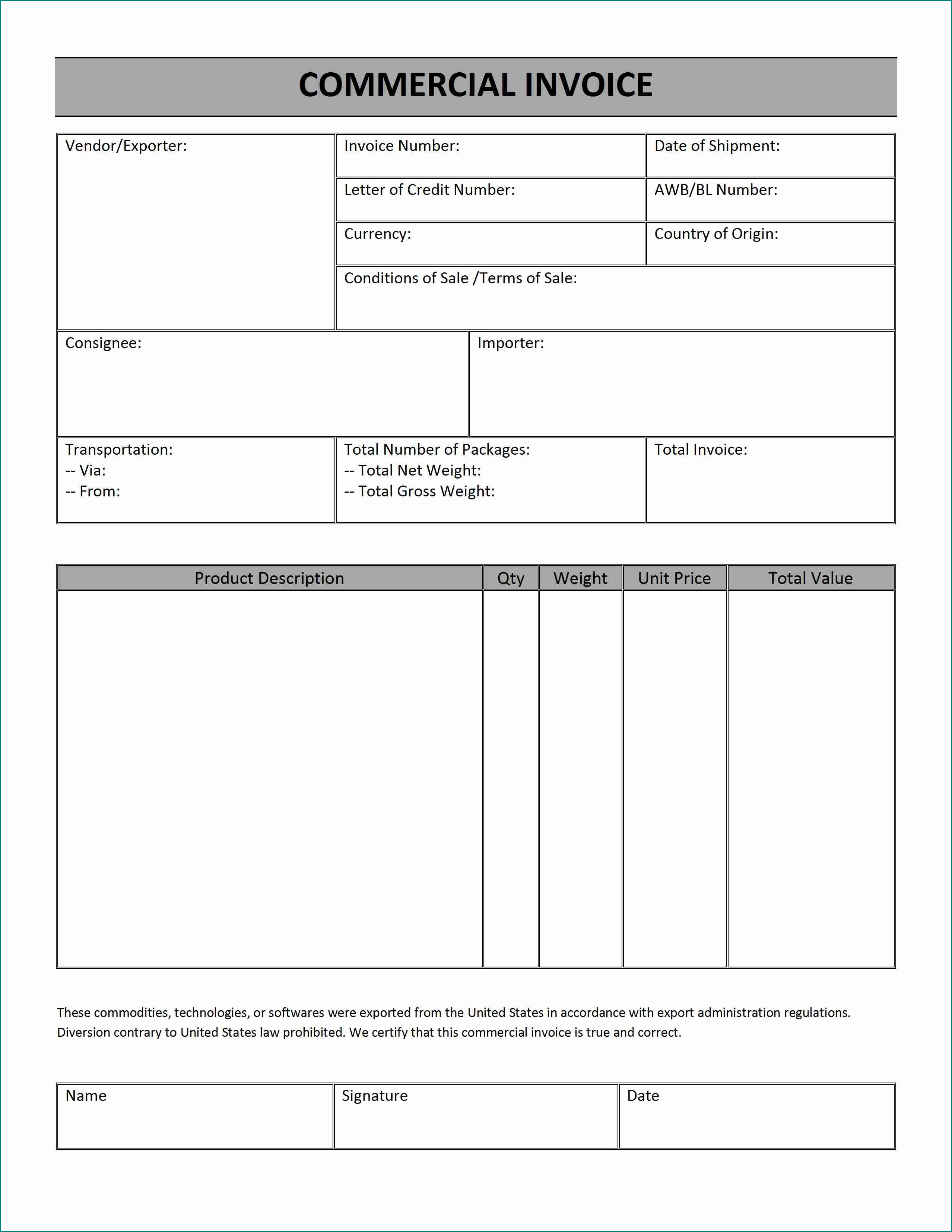 Example of Commercial Invoice Template