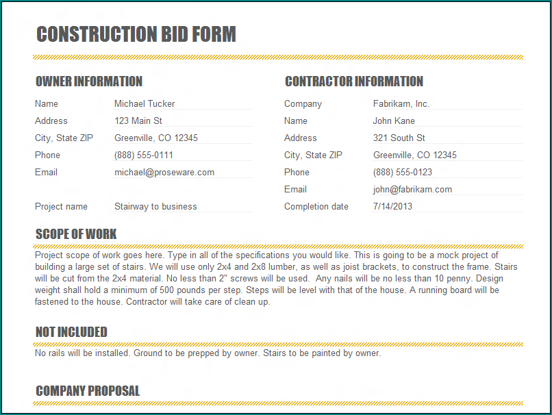 Example of Construction Bid Template