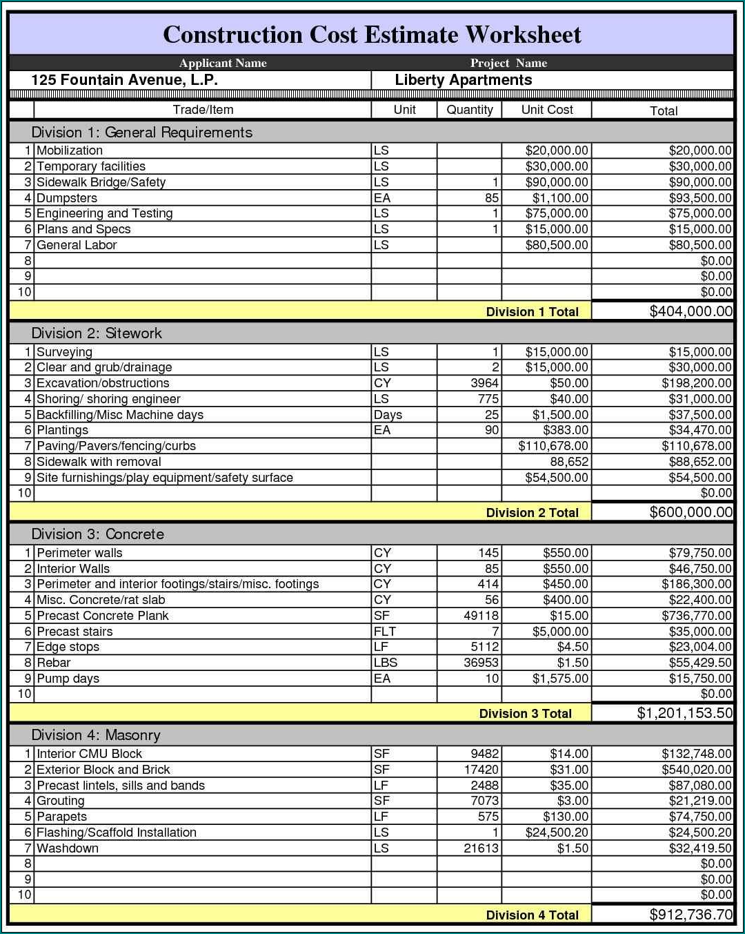 》Free Printable Construction Cost Estimate Template Excel Bogiolo