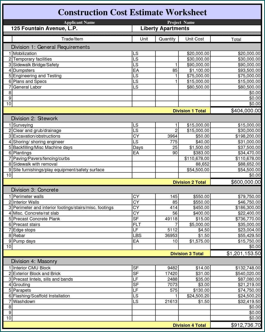  Free Printable Construction Cost Estimate Template Excel