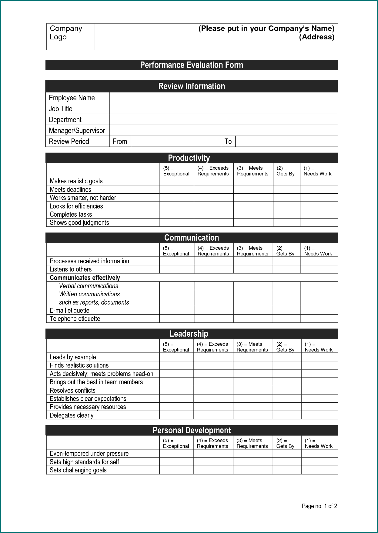  Free Printable Employee Performance Evaluation Form