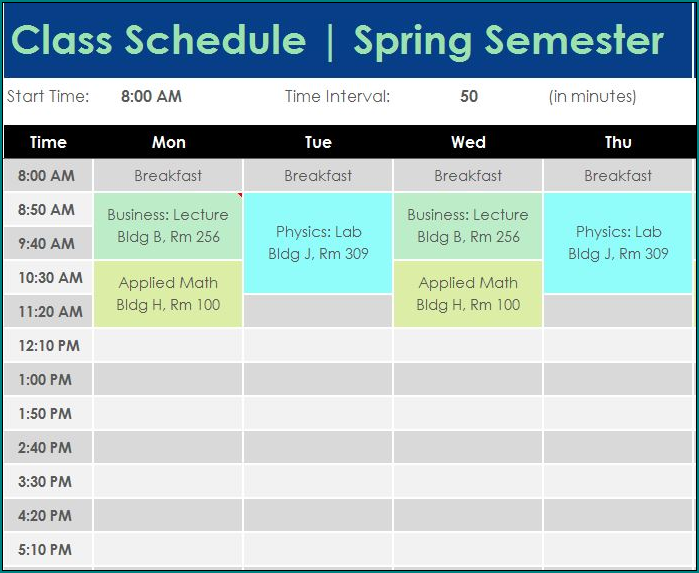 Example of Excel Class Schedule Template