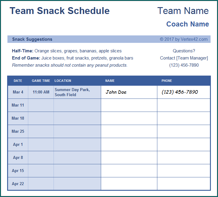 Example of Game Schedule Template