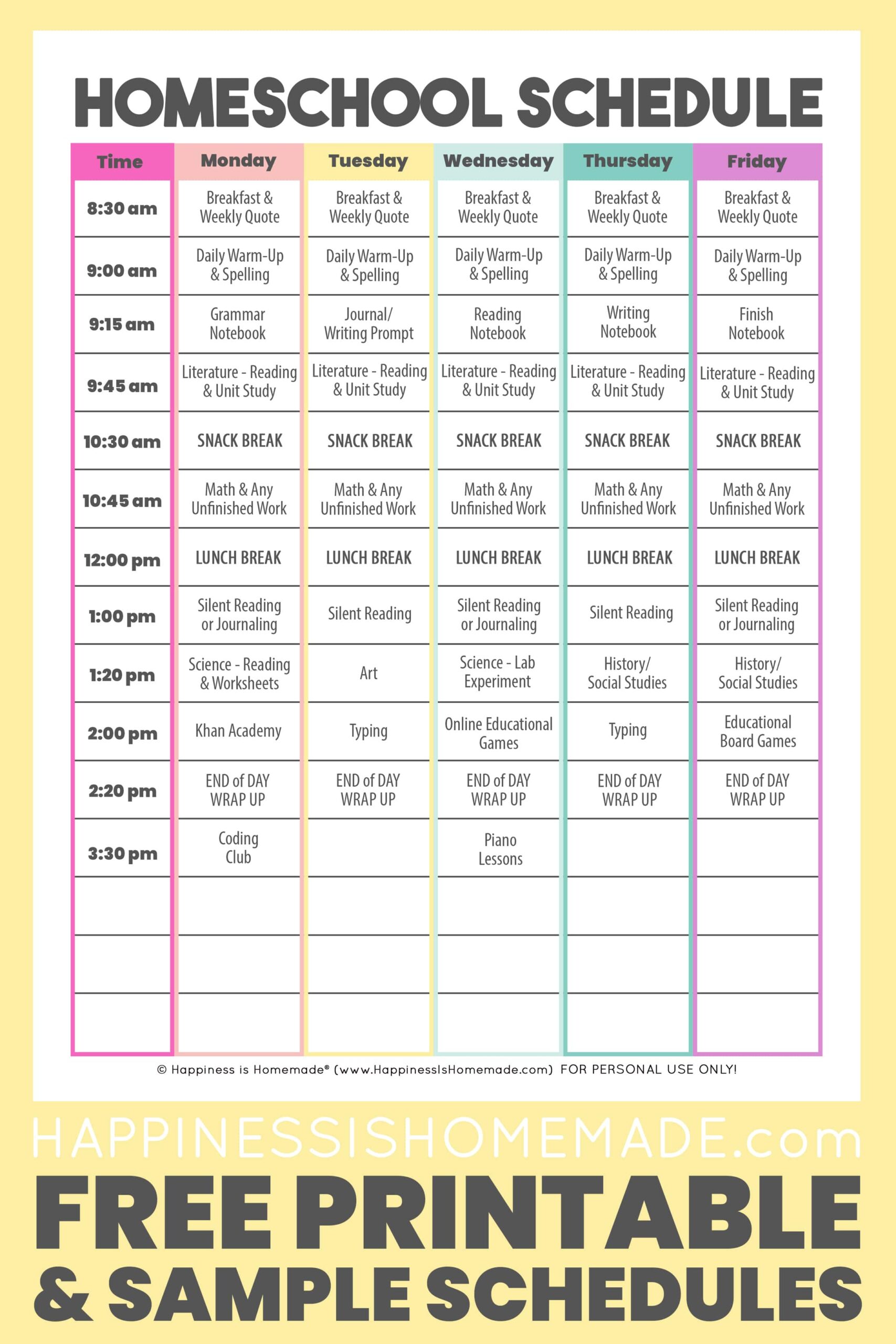 Example of Homeschool Daily Planner Template