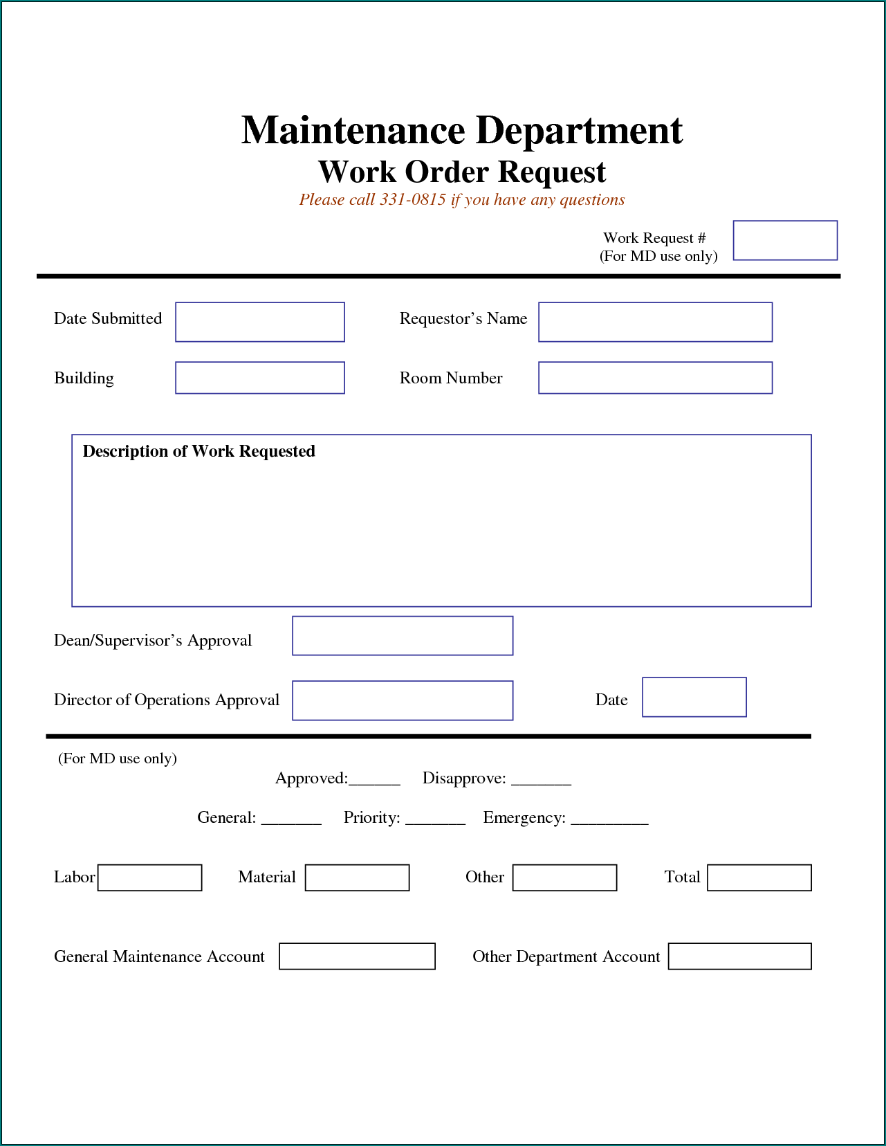 Example of Maintenance Work Order Form
