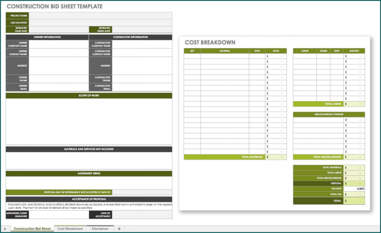 》Free Printable Contractor Bid Sheet Template