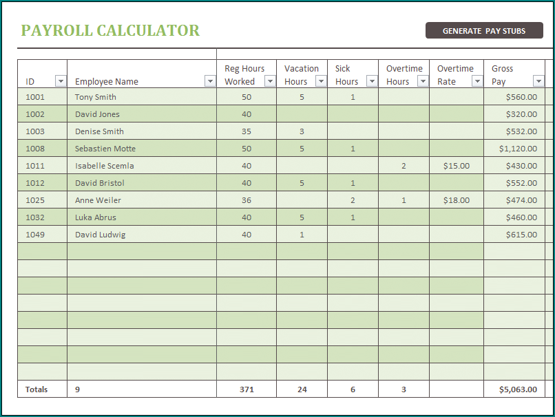 Example of Payroll Calculator Template