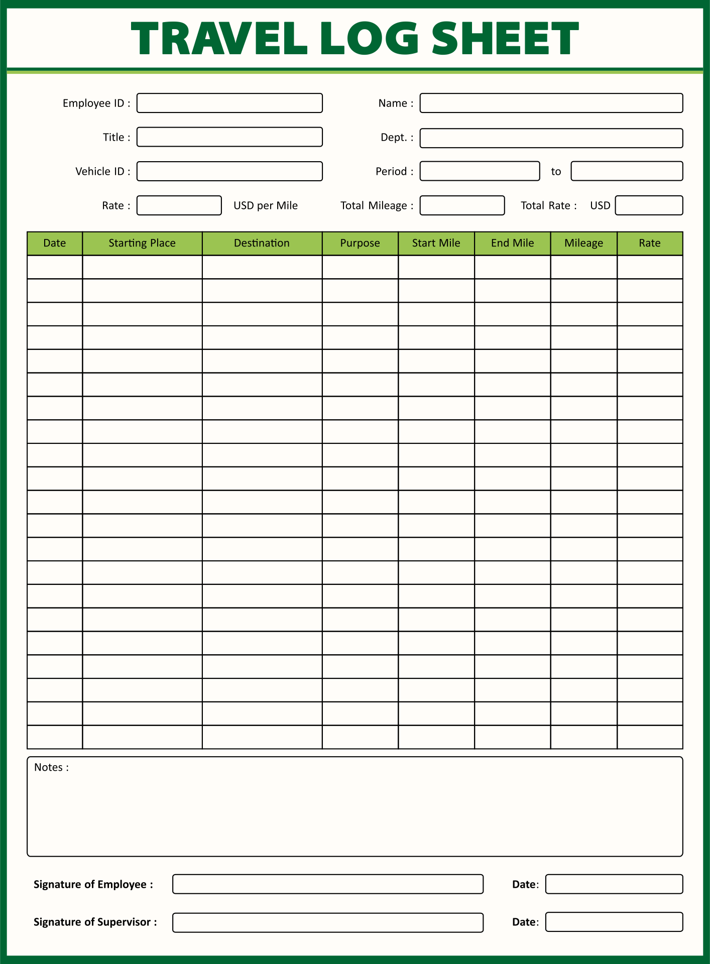 Example of Printable Travel Log Template