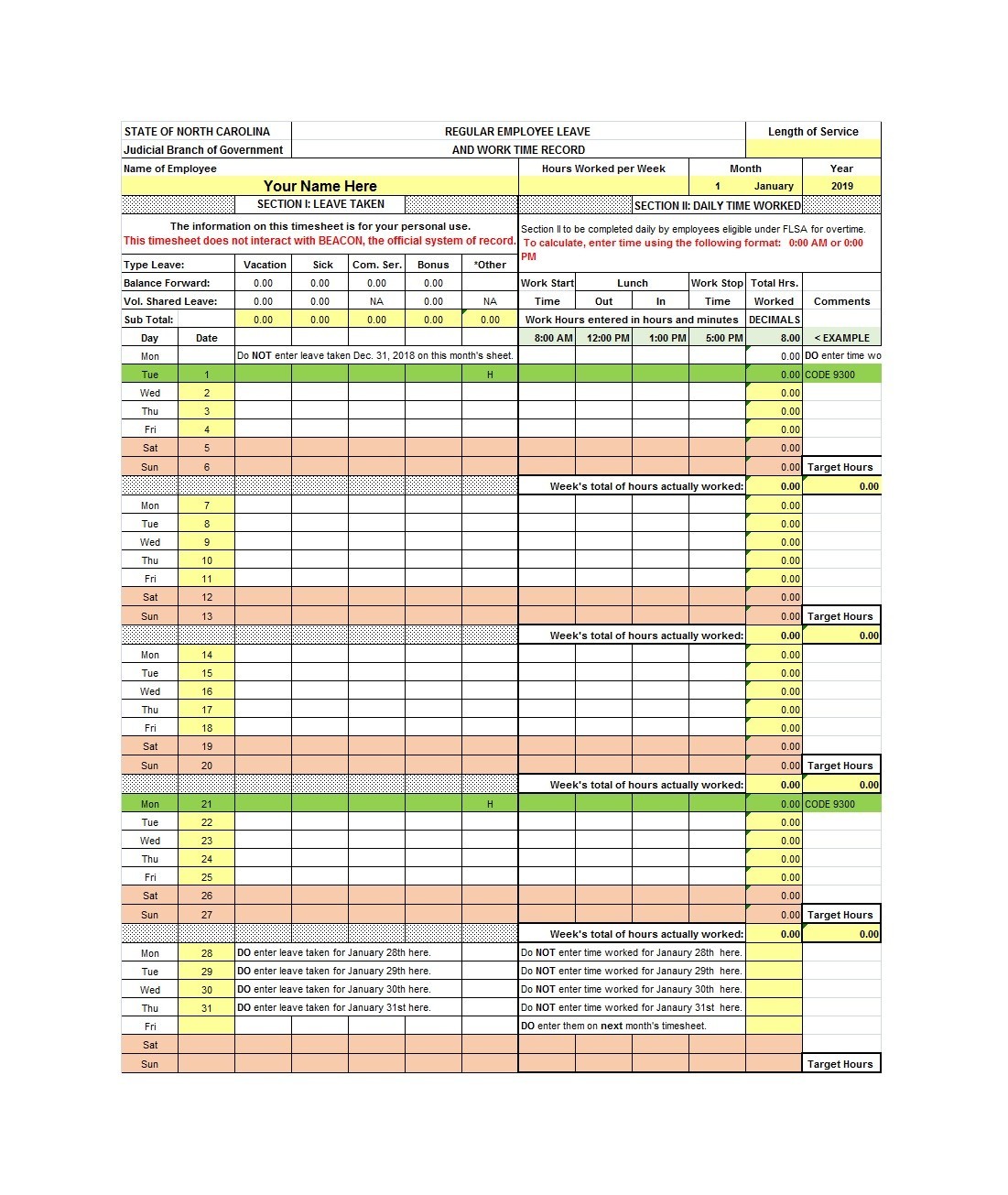 Example of Printable Vacation and Leave Tracker Template