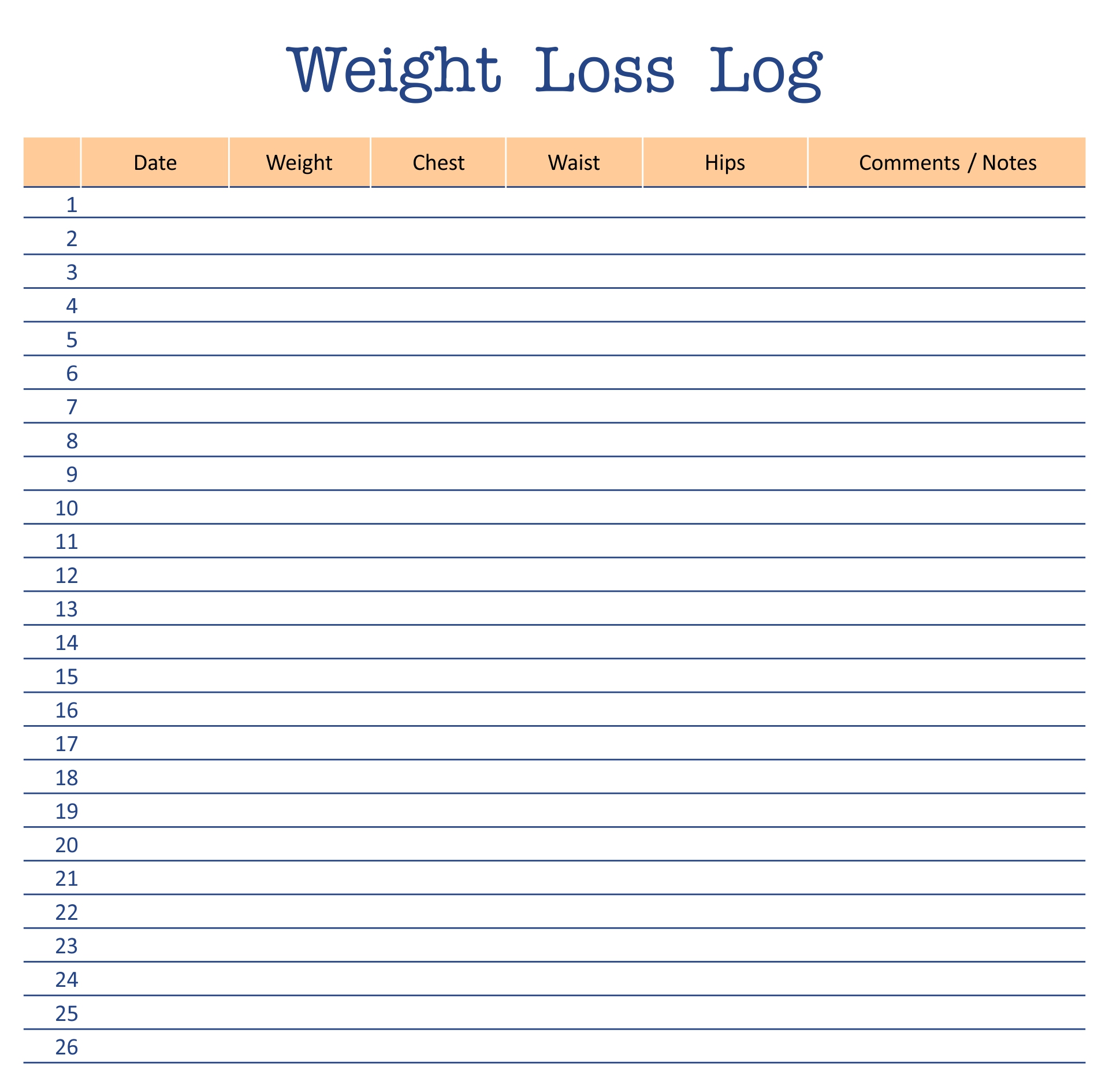 Example of Printable Weight Loss Log Template