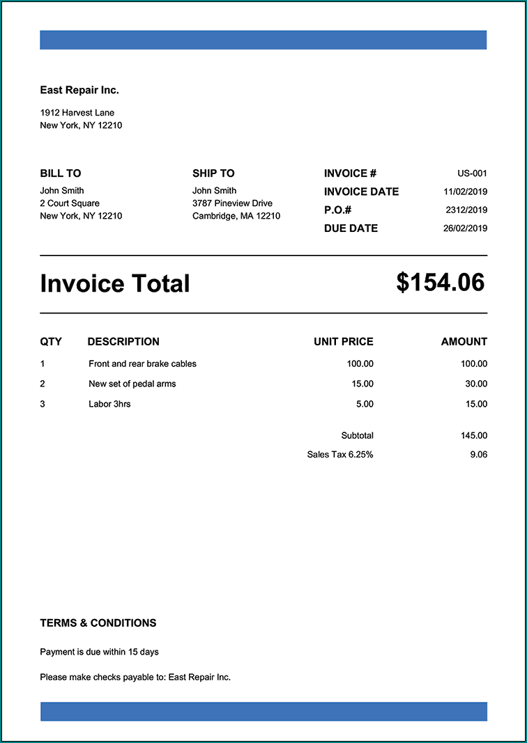 Example of Professional Invoice Template