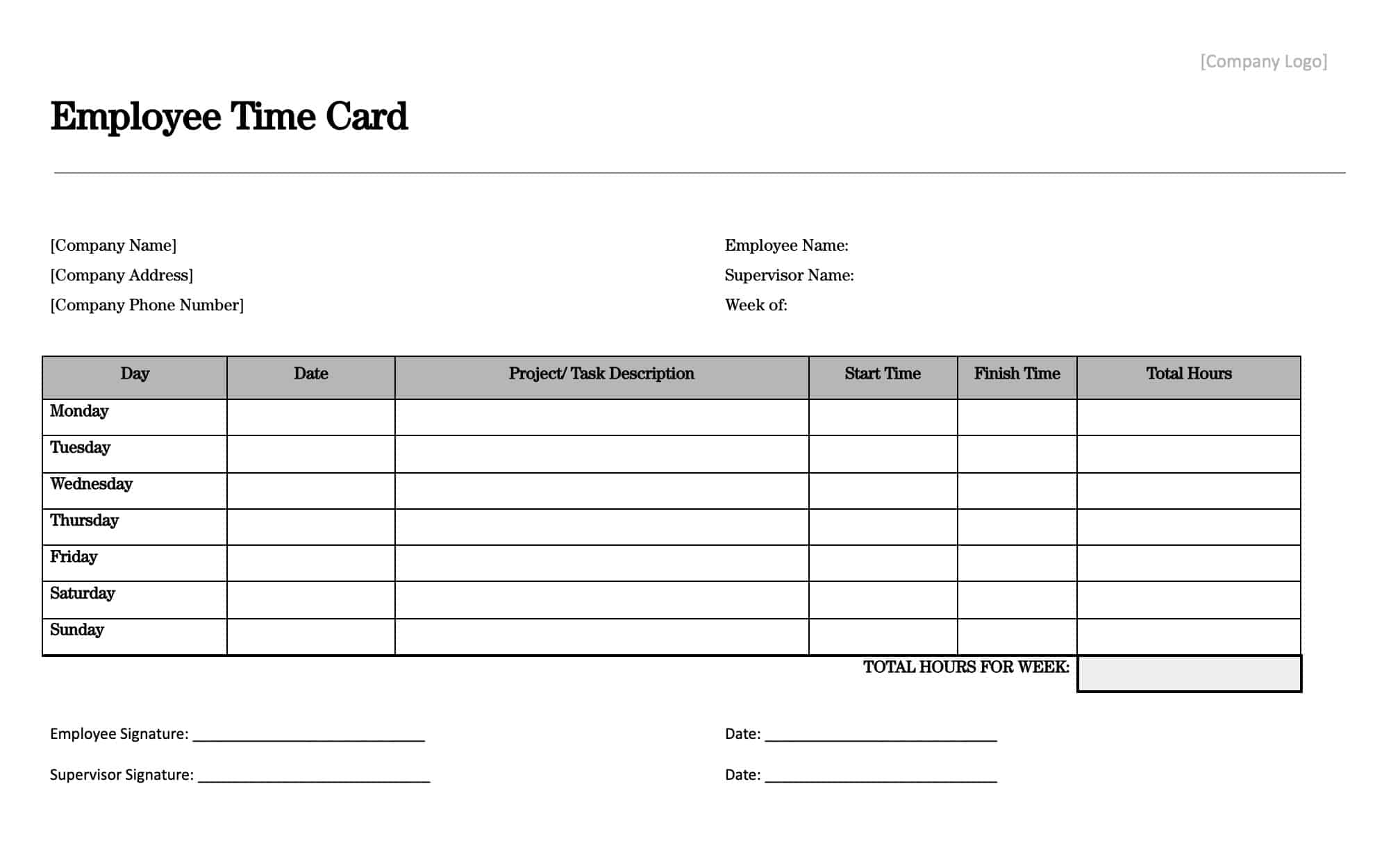 Example of Time Card Template