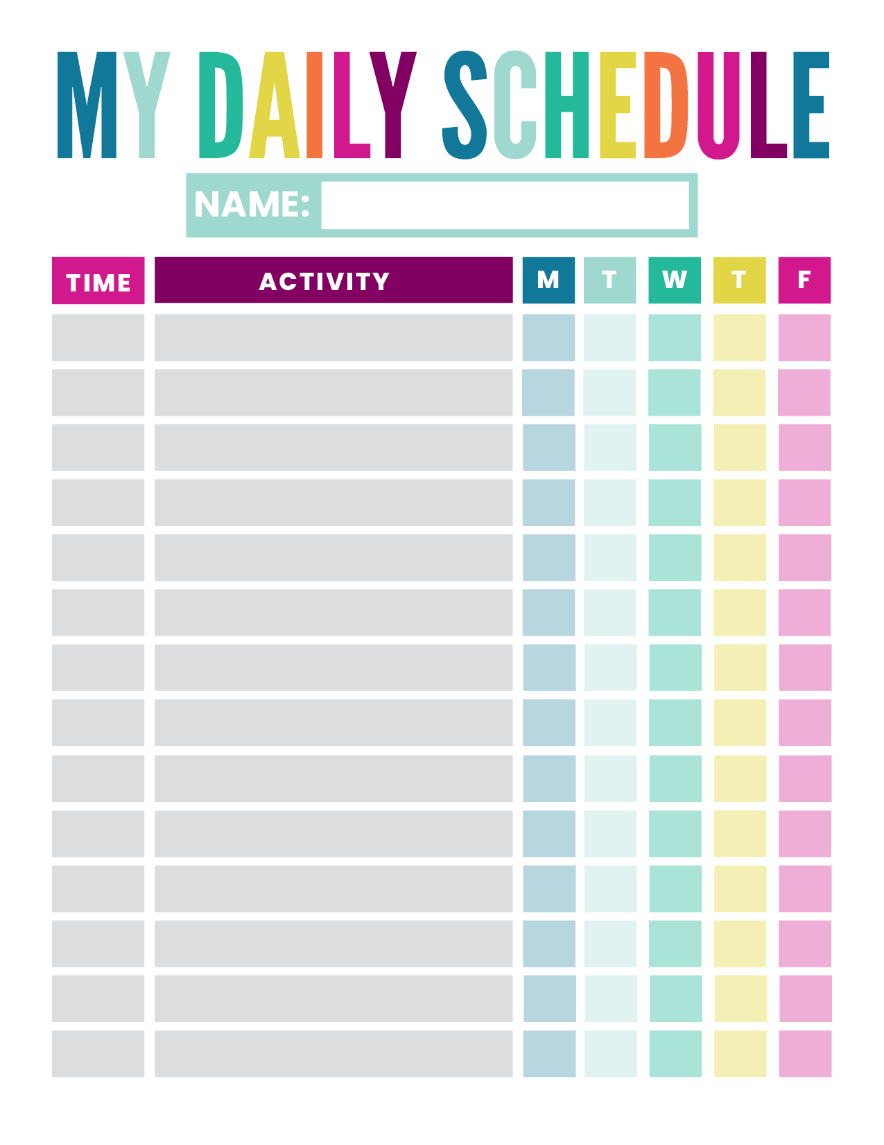 Example of Timetable For Kids