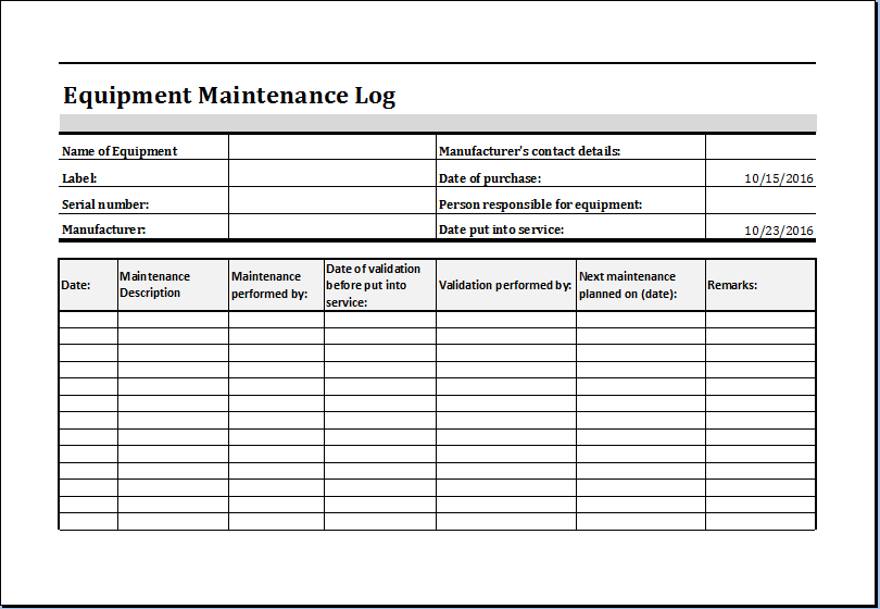 Example of Washing Machine Maintenance Log Template