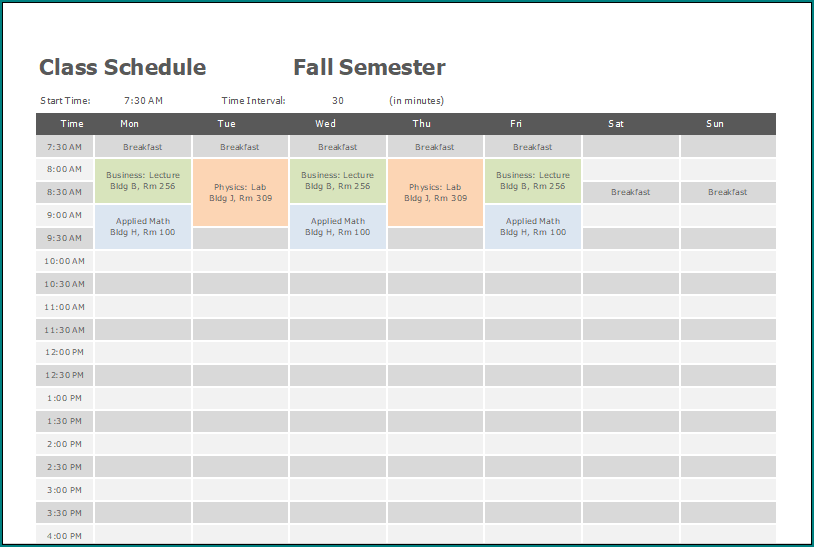 Excel Class Schedule Template