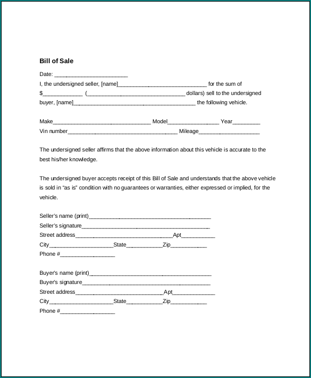 Generic Bill Of Sale Form Example