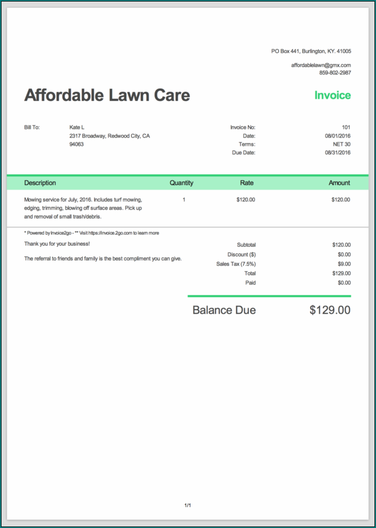 Lawn Care Receipt Template Example