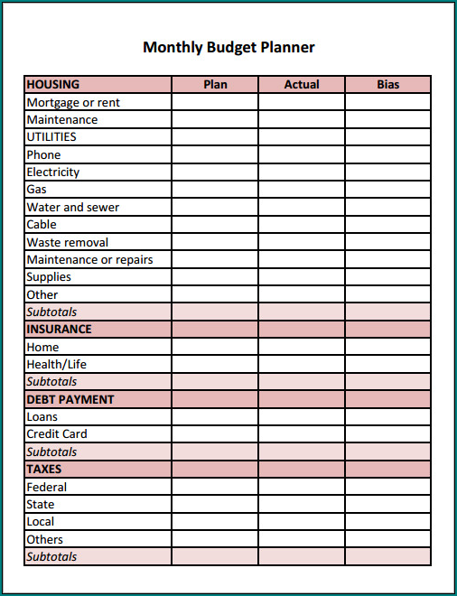 Monthly Budget Template Example