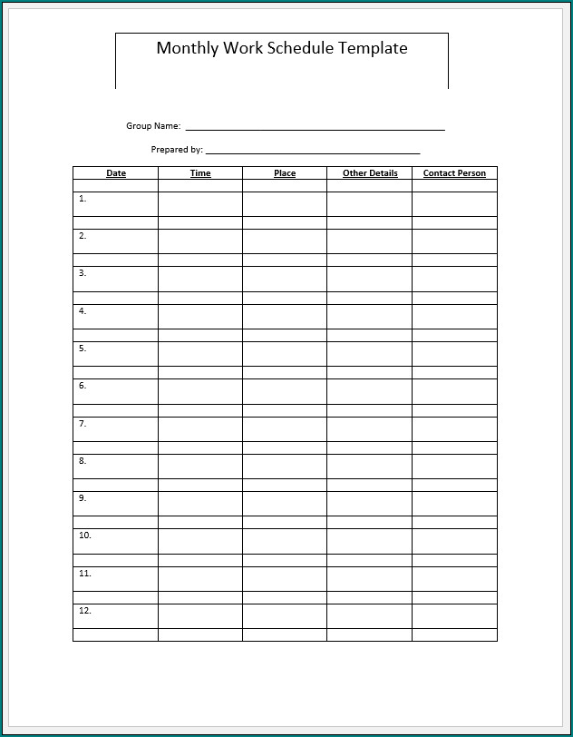 printable monthly work schedule templates free