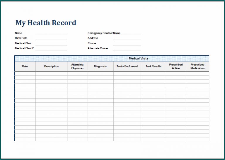 》Free Printable Personal Medical Health Record Sheet Template