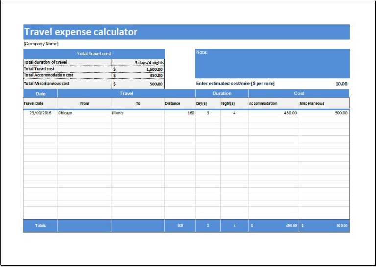 Printable Travel Expense Calculator Template Example