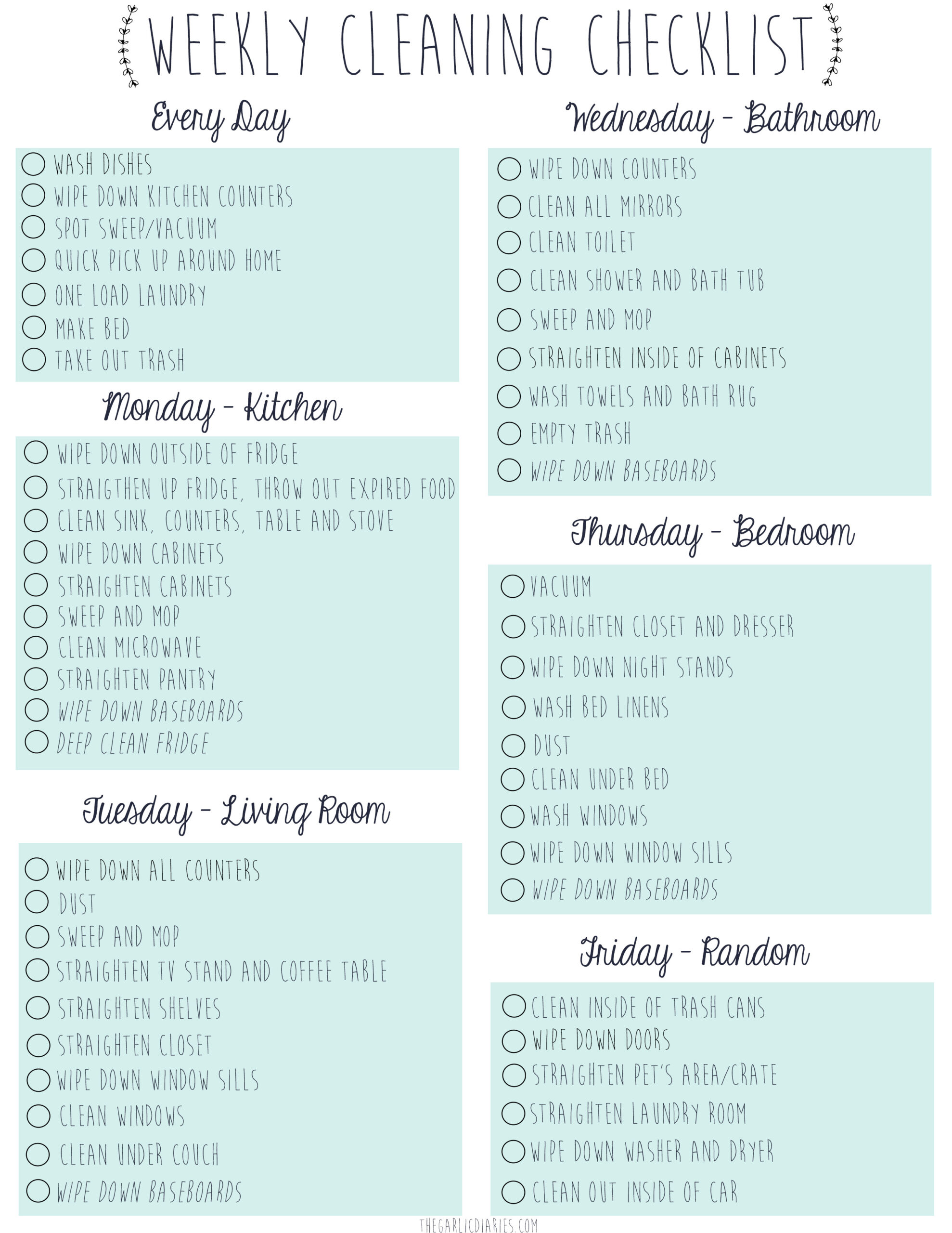Printable Weekly Cleaning Chart Template Example