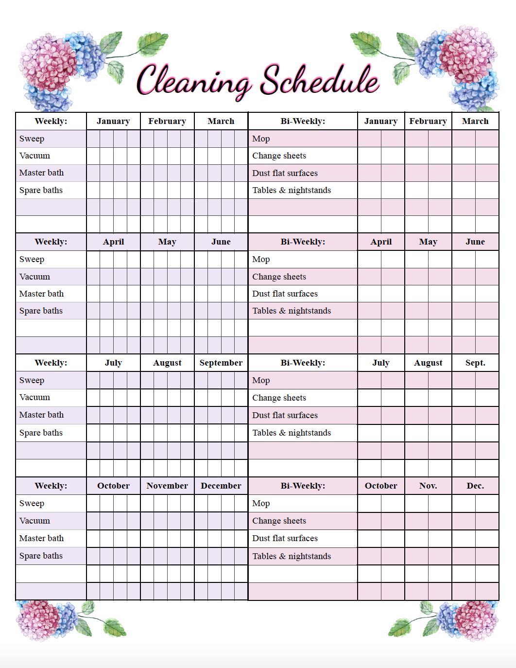 Printable Weekly Cleaning Chart Template Sample