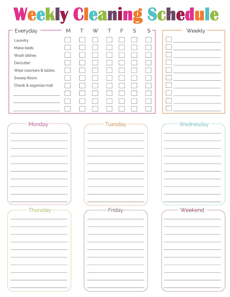 Printable Weekly Cleaning Chart Template