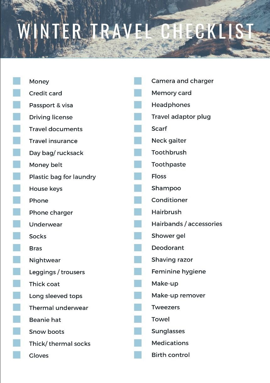 Printable Winter Travel Checklist Template Example